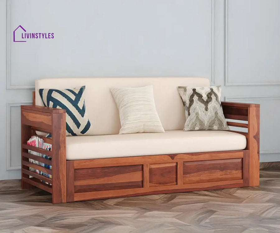 Artem Solid Wood Sheesham Sofa Cum Bed | Solid Wood Sofa Come Bed (Honey Finish)