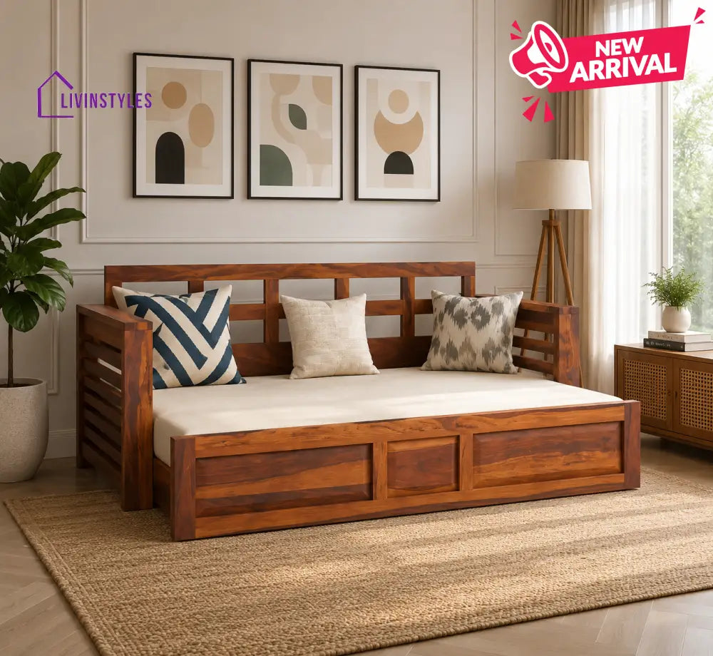 Artem Solid Wood Sheesham Sofa Cum Bed | Solid Wood Sofa Come Bed (Honey Finish)