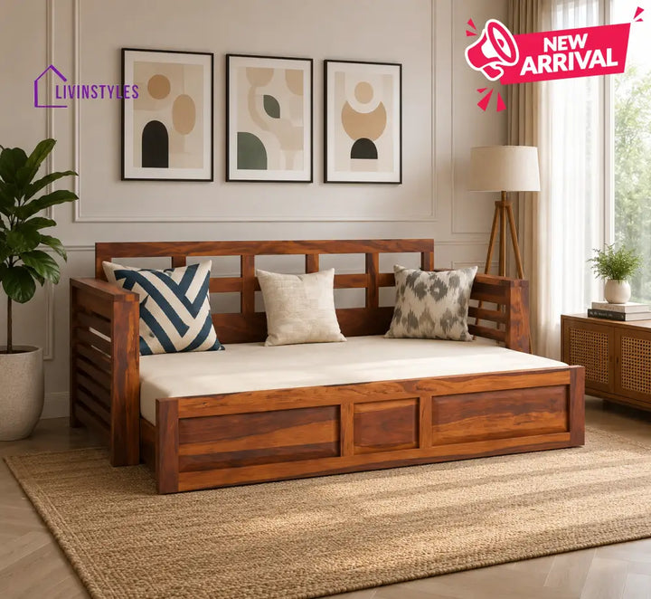 Artem Solid Wood Sheesham Sofa Cum Bed | Solid Wood Sofa Come Bed (Honey Finish)