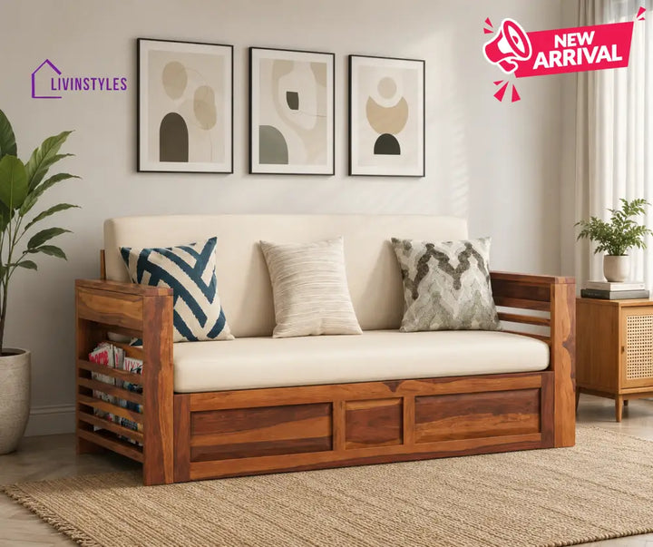 Artem Solid Wood Sheesham Sofa Cum Bed | Solid Wood Sofa Come Bed (Honey Finish)