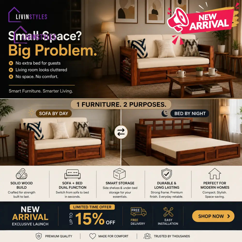 Artem Solid Wood Sheesham Sofa Cum Bed | Solid Wood Sofa Come Bed (Honey Finish)