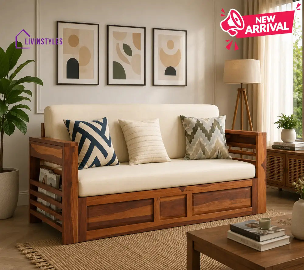 Artem Solid Wood Sheesham Sofa Cum Bed | Solid Wood Sofa Come Bed (Honey Finish)