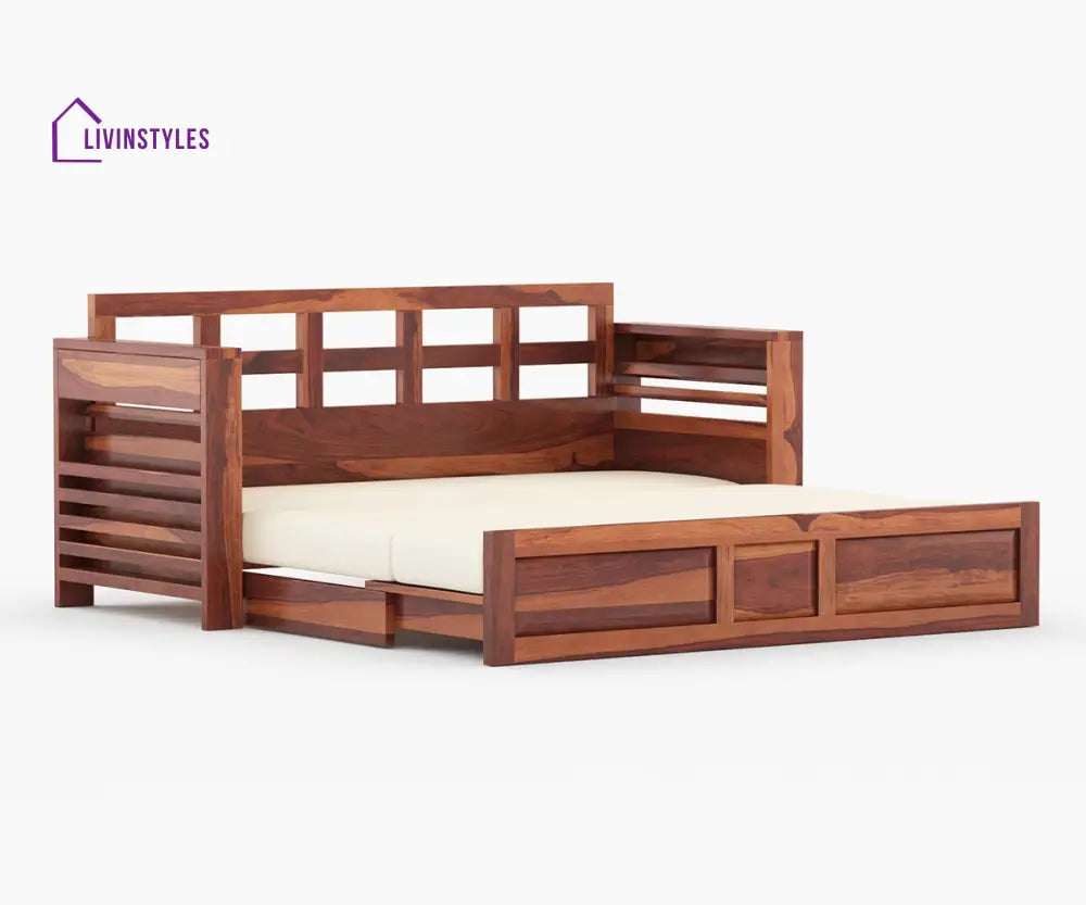 Artem Solid Wood Sheesham Sofa Cum Bed | Solid Wood Sofa Come Bed (Honey Finish)