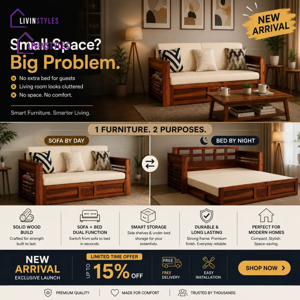Artem Solid Wood Sheesham Sofa Cum Bed | Solid Wood Sofa Come Bed (Honey Finish)