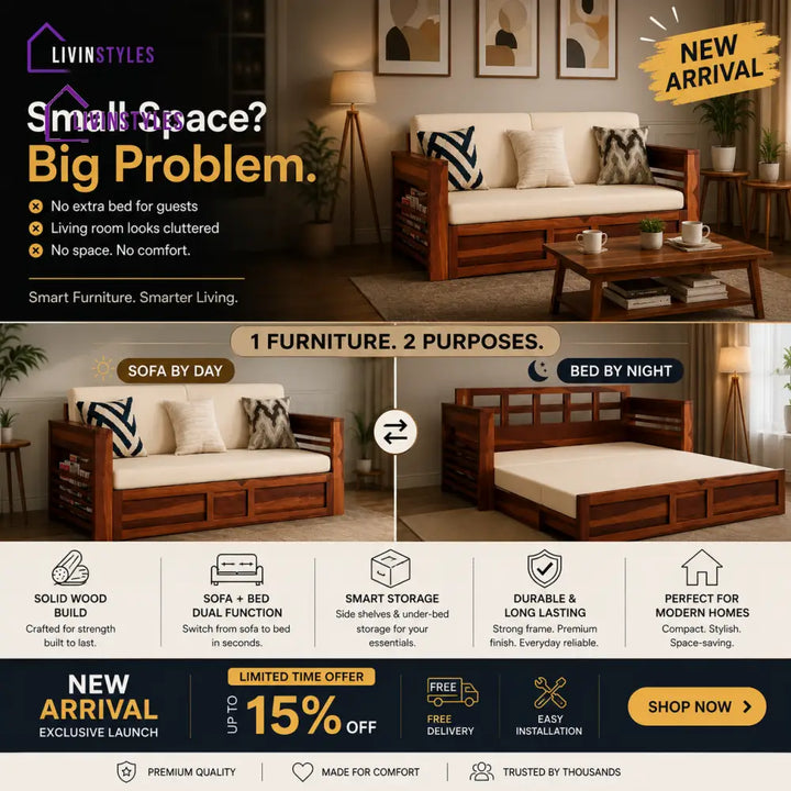 Artem Solid Wood Sheesham Sofa Cum Bed | Solid Wood Sofa Come Bed (Honey Finish)