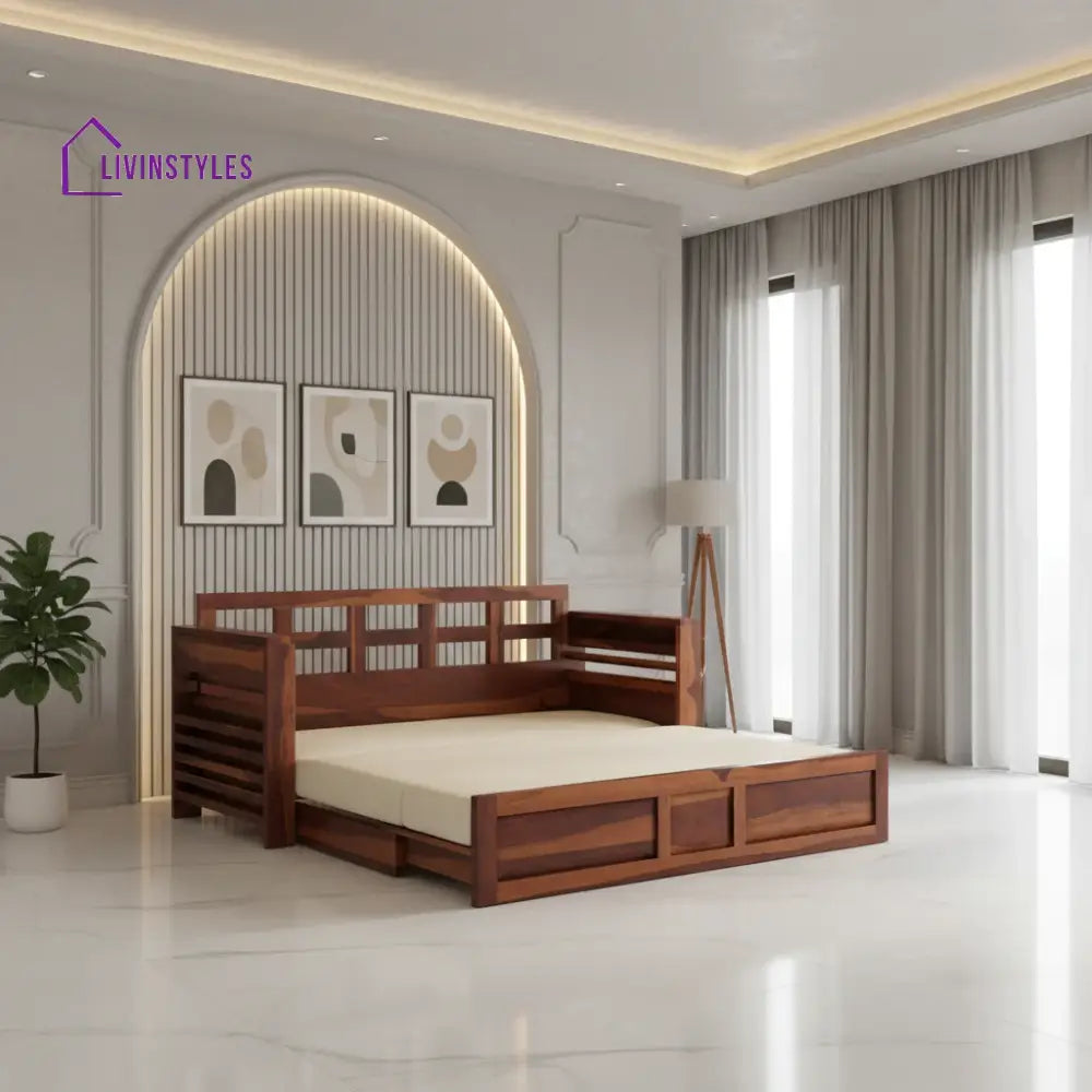 Artem Solid Wood Sheesham Sofa Cum Bed | Solid Wood Sofa Come Bed (Honey Finish)