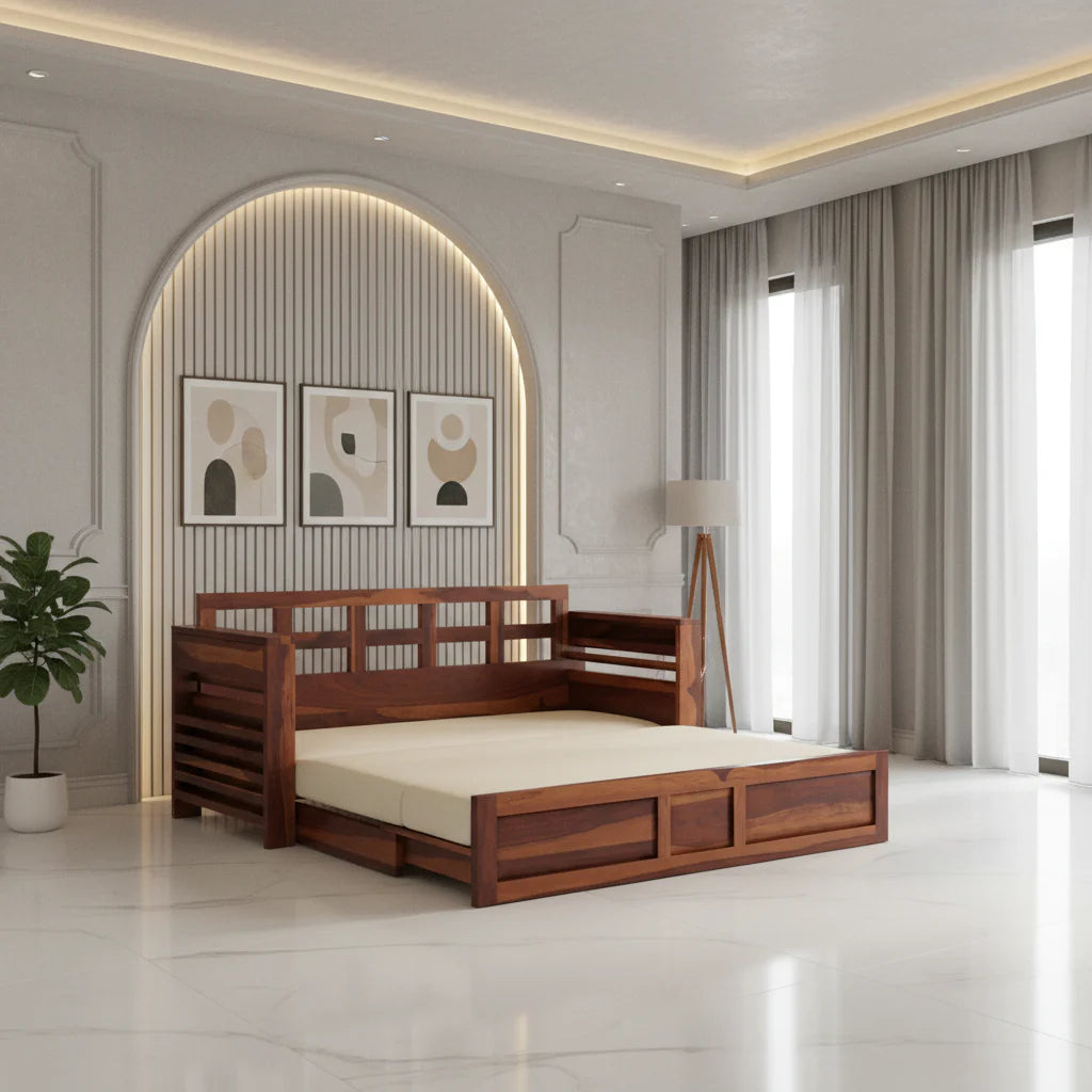 Artem Solid Wood Sheesham Sofa Cum Bed | Solid Wood Sofa Come Bed (Honey Finish)