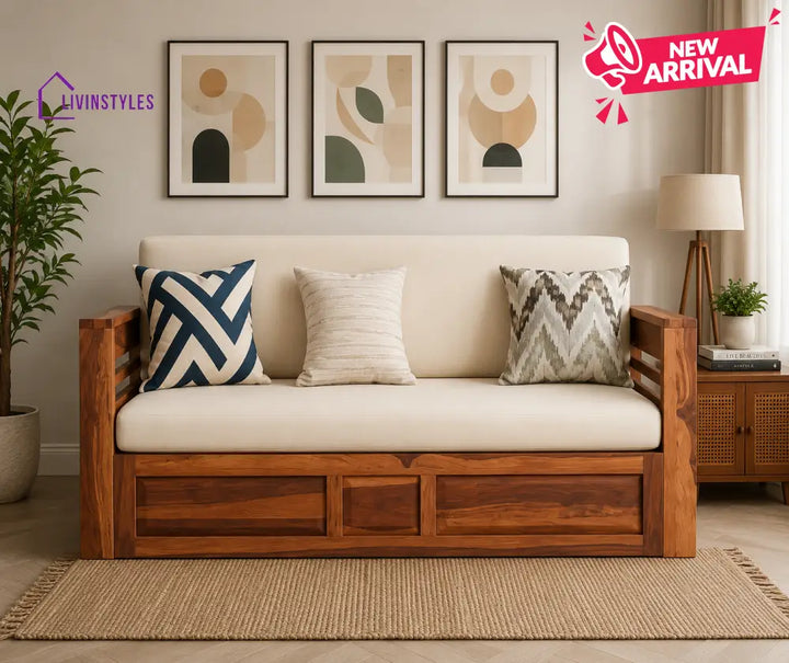 Artem Solid Wood Sheesham Sofa Cum Bed | Solid Wood Sofa Come Bed (Honey Finish)