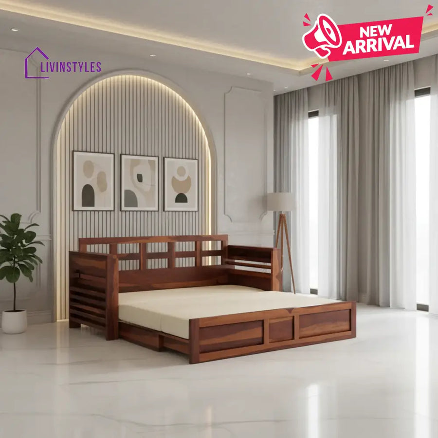 Artem Solid Wood Sheesham Sofa Cum Bed | Solid Wood Sofa Come Bed (Honey Finish)