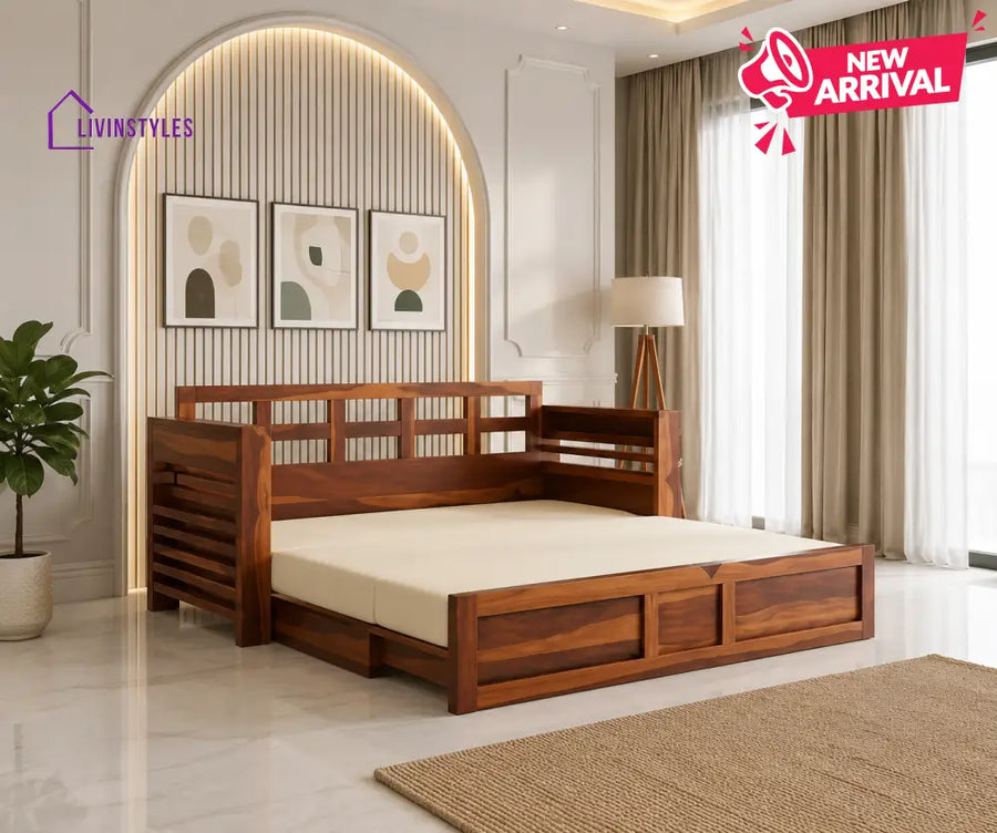 Artem Solid Wood Sheesham Sofa Cum Bed | Solid Wood Sofa Come Bed (Honey Finish)