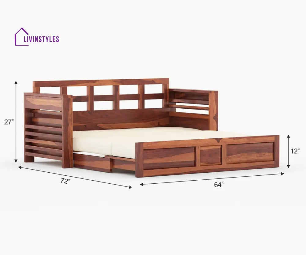 Artem Solid Wood Sheesham Sofa Cum Bed | Solid Wood Sofa Come Bed (Honey Finish)