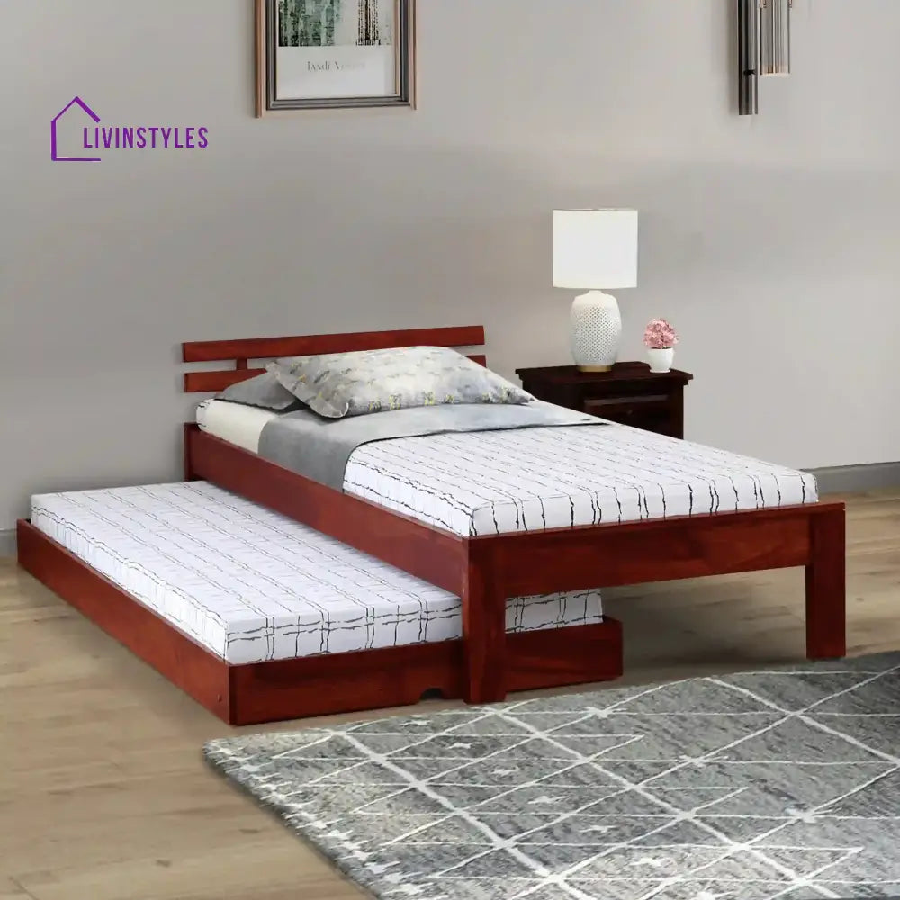 Amol Sheesham Wood Single Beds With Trundle Honey Bedroom Furniture Sets