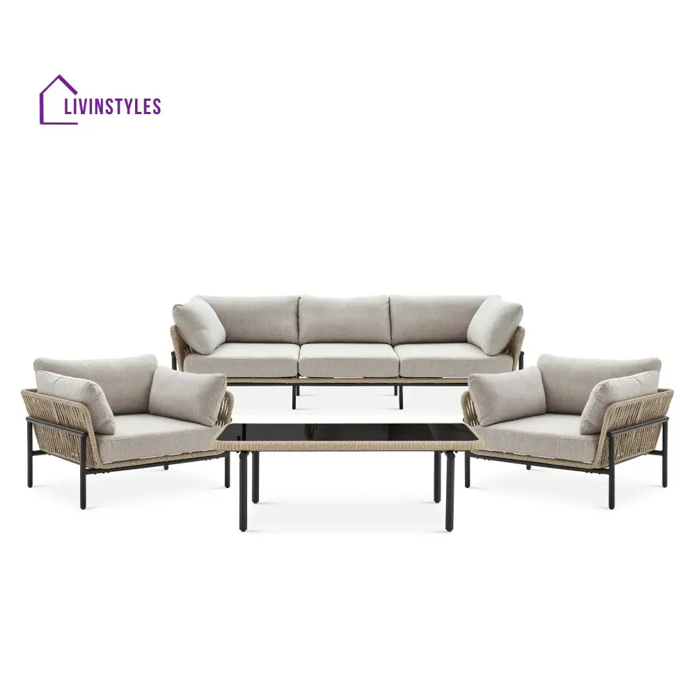 Arturo Outdoor Garden Balcony Sofa Set 3 Seater 2 Single Seater and 1 Center Table Set Braid & Rope (Beige) - Sofa Sets