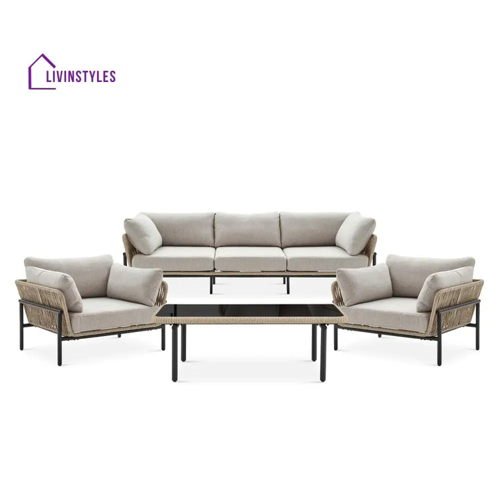 Arturo Outdoor Garden Balcony Sofa Set 3 Seater 2 Single Seater and 1 Center Table Set Braid & Rope (Beige) - Sofa Sets