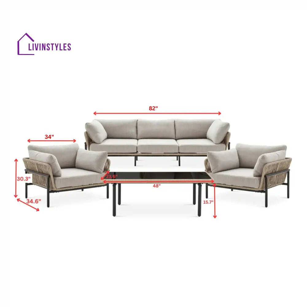 Arturo Outdoor Garden Balcony Sofa Set 3 Seater 2 Single Seater and 1 Center Table Set Braid & Rope (Beige) - Sofa Sets