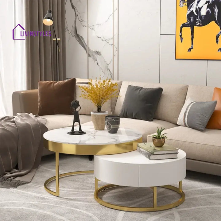 Artus Marble And Wooden Nesting Tables With Storage Coffee Tables