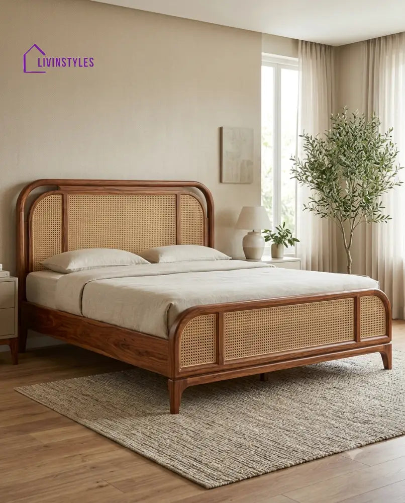 Arun Wooden Bed with Cane Weaving Headboard Design | Bed without Storage