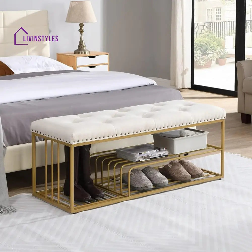 Arushi Velvet Upholstered Entryway Shoe Rack Bench With Storage Beige