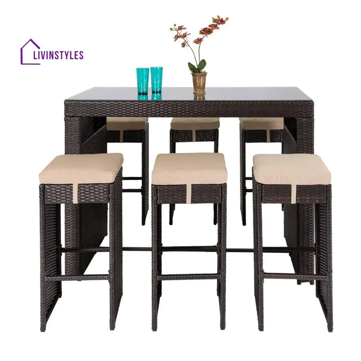 Asha 7-Piece Outdoor Rattan Wicker Bar Set with Glass Top Table - Bar Set