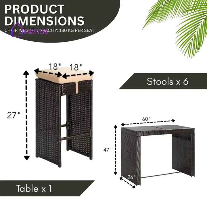 Asha 7-Piece Outdoor Rattan Wicker Bar Set with Glass Top Table - Bar Set