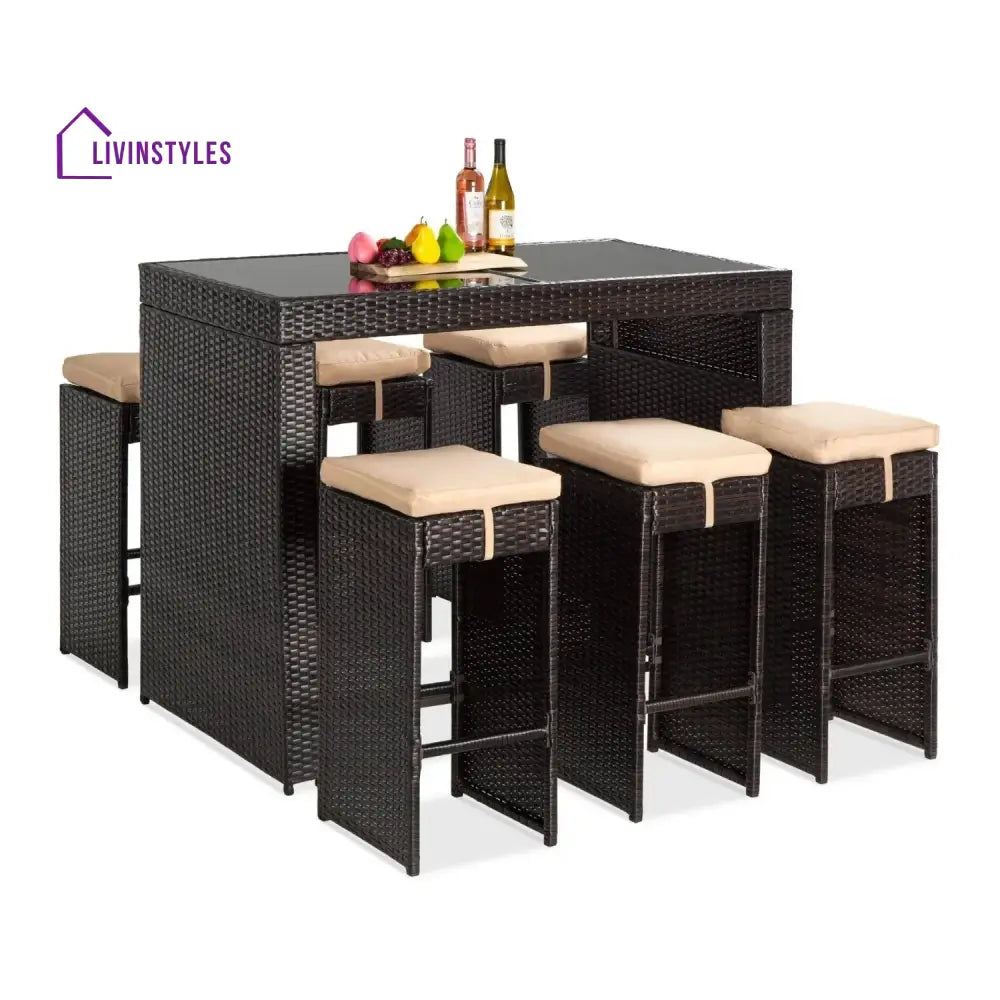 Asha 7-Piece Outdoor Rattan Wicker Bar Set with Glass Top Table - Bar Set