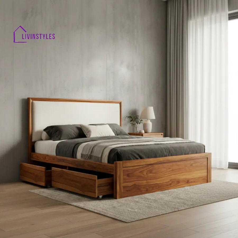 Asher Premium Sheesham Wood Bed with Upholstered Headboard