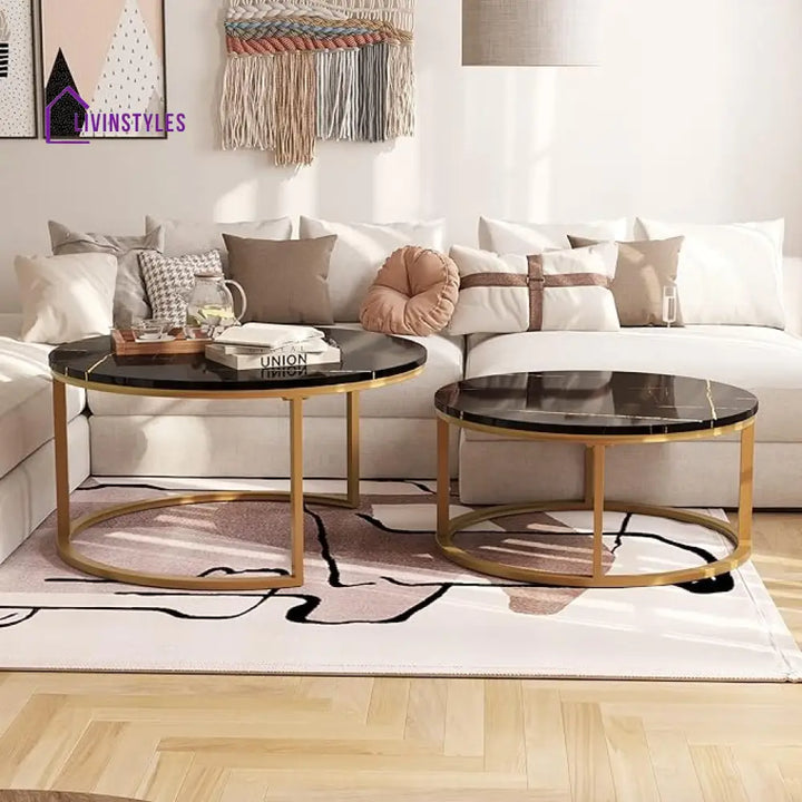Ashish Metal Black Coffee Table With Marble Top - Set Of 2