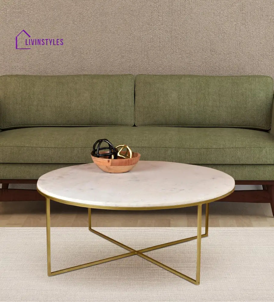 Ashwin Marble Coffee Table In White And Golden Colour