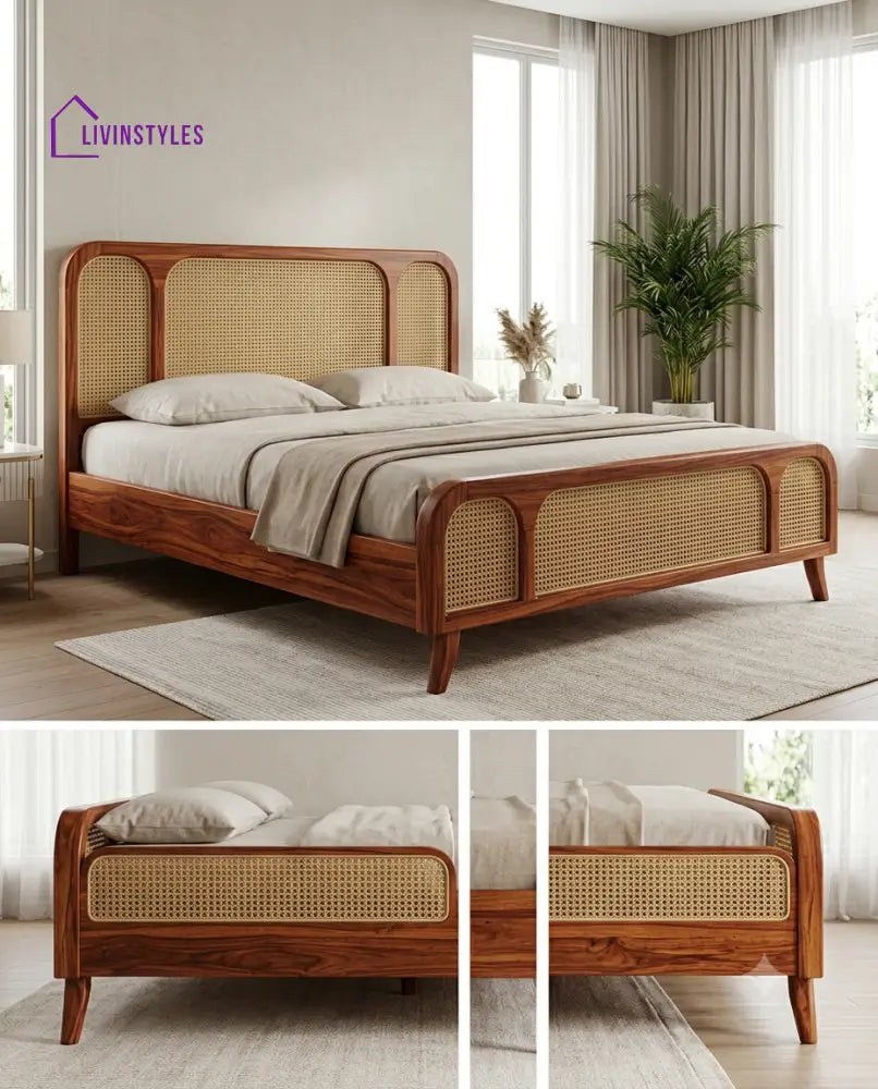 Ashwin Wooden Bed with Cane Weaving Headboard Design | Bed without Storage