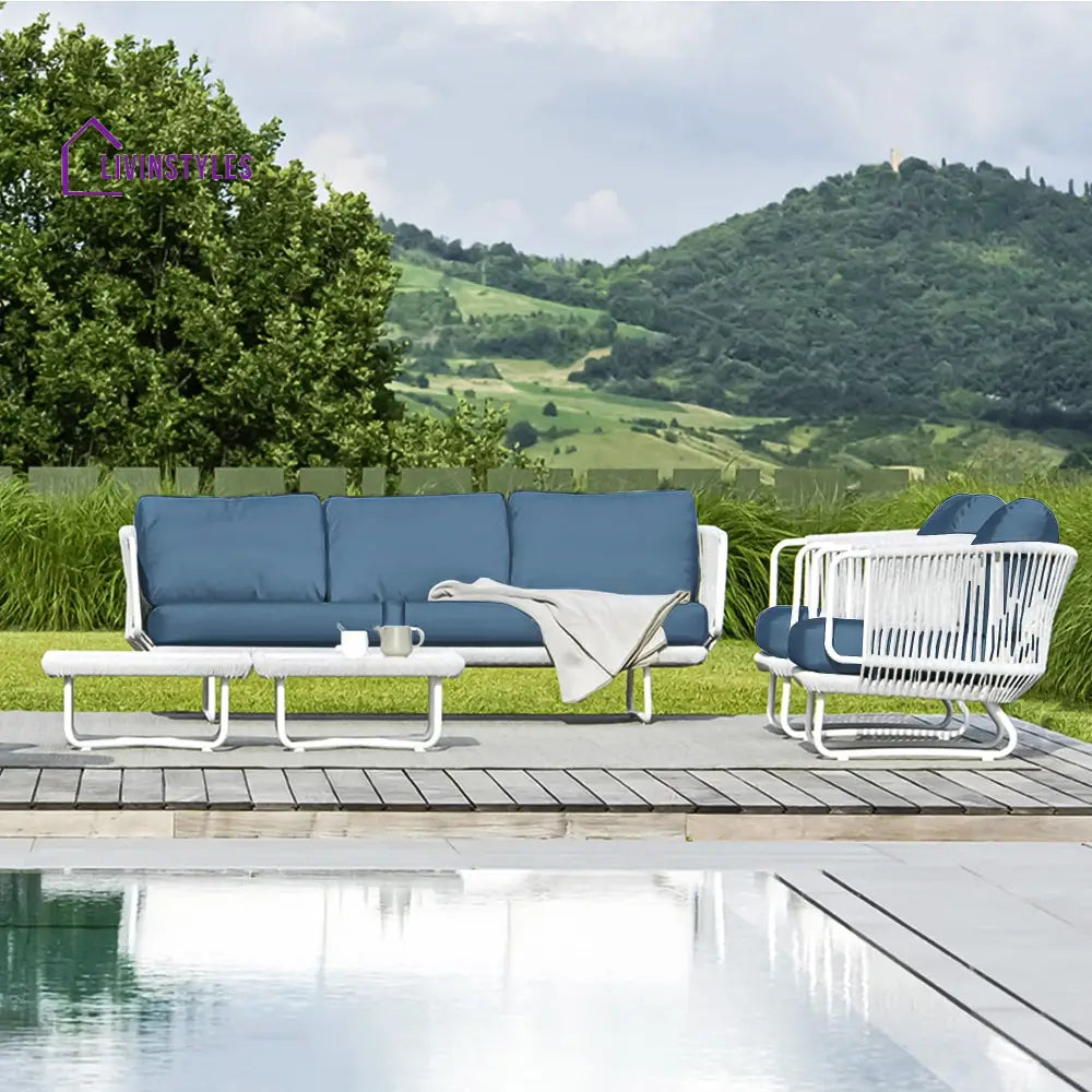 Astoir Outdoor Garden Balcony Sofa Set 3 Seater 2 Single Seater and 1 Center Table Set Braid & Rope (Grey-Blue) - Sofa