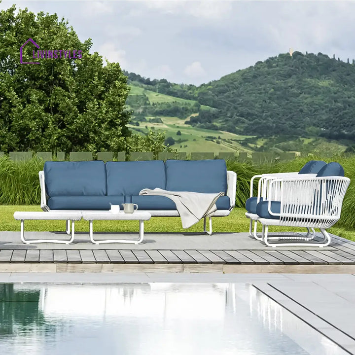 Astoir Outdoor Garden Balcony Sofa Set 3 Seater 2 Single Seater and 1 Center Table Set Braid & Rope (Grey-Blue) - Sofa