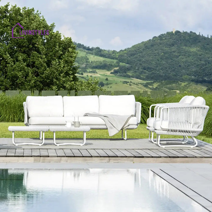 Astor Outdoor Garden Balcony Sofa Set 3 Seater 2 Single Seater and 1 Center Table Set Braid & Rope (Grey-Off White)
