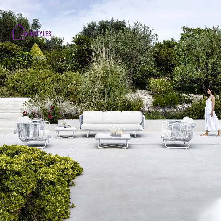Astor Outdoor Garden Balcony Sofa Set 3 Seater 2 Single Seater and 1 Center Table Set Braid & Rope (Grey-Off White)