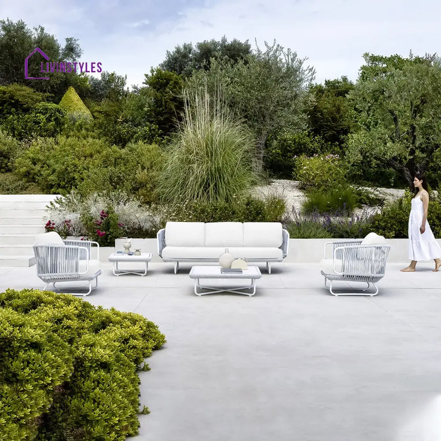 Astor Outdoor Garden Balcony Sofa Set 3 Seater 2 Single Seater and 1 Center Table Set Braid & Rope (Grey-Off White)