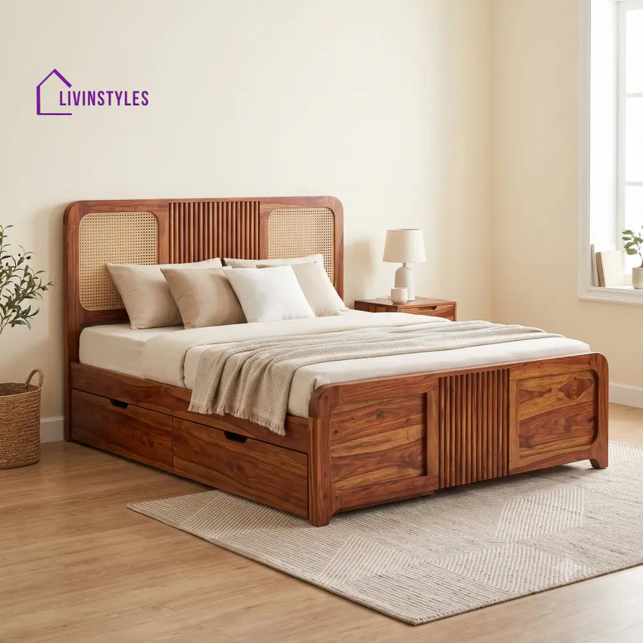 Astrid Premium Wooden Bed with Drawer Storage | King Size Bed & Queen Size Bed Online