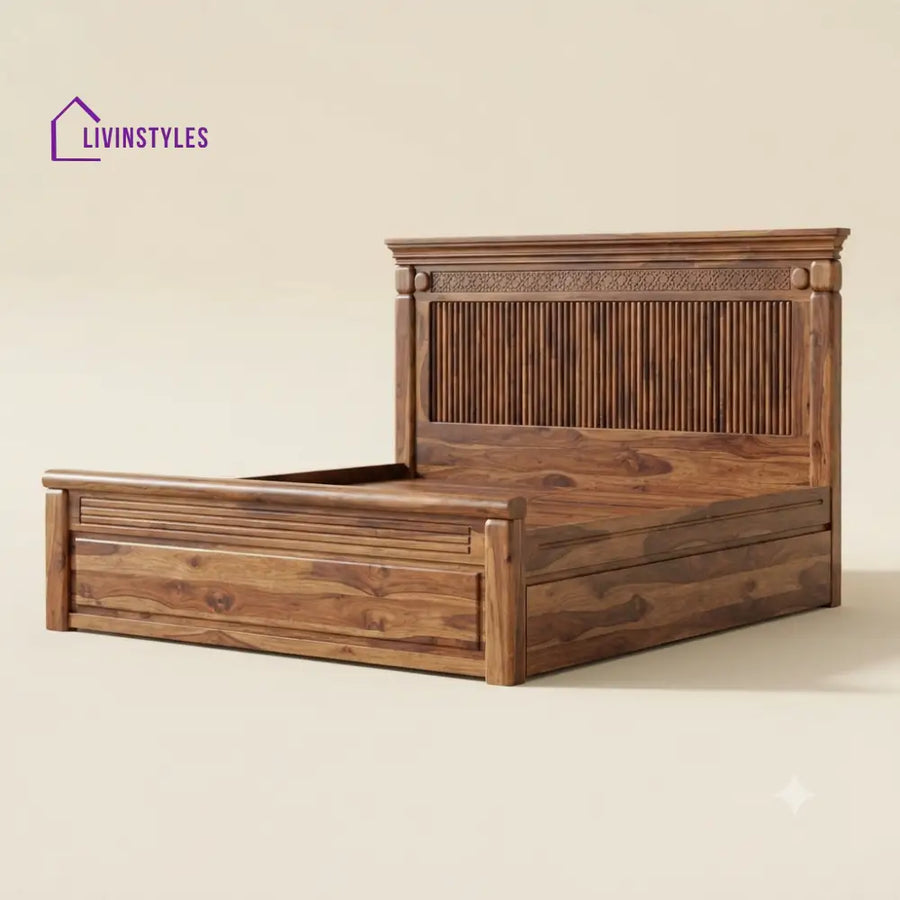 Aswathy Sheesham Wood Bed With Box Storage | Wooden Bed