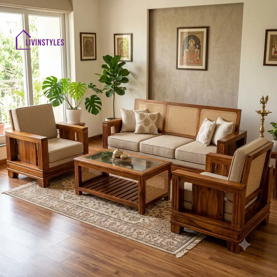 Aswini Wooden Sofa Set | 3 + 1 + 1 Sheesham Wood Sofa Set for Living Room