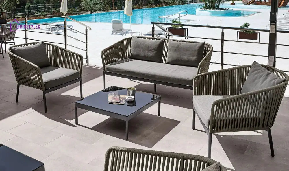 Athan Outdoor Garden Balcony Sofa Set 2 Seater 2 Single Seater 1 Center Table Set (Dark Grey) Braided and Rope - Sofa