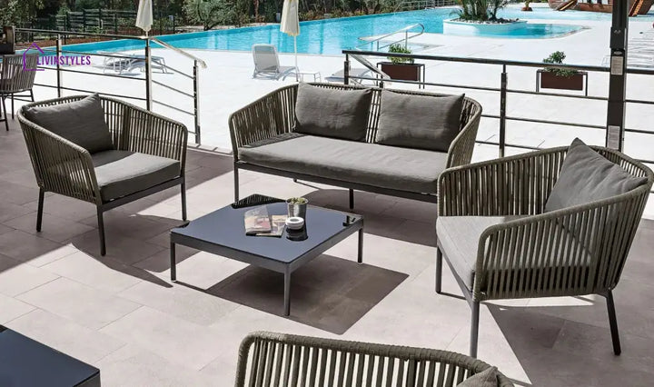 Athan Outdoor Garden Balcony Sofa Set 2 Seater 2 Single Seater 1 Center Table Set (Dark Grey) Braided and Rope - Sofa