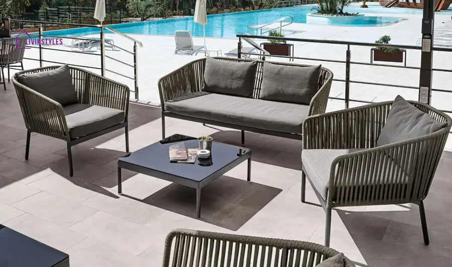 Athan Outdoor Garden Balcony Sofa Set 2 Seater 2 Single Seater 1 Center Table Set (Dark Grey) Braided and Rope - Sofa