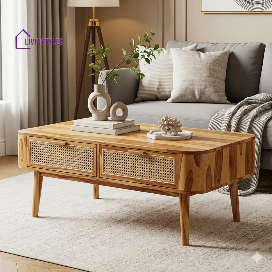 Atharv Sheesham Wood & Cane Coffee Table for Living Room – Honey Finish
