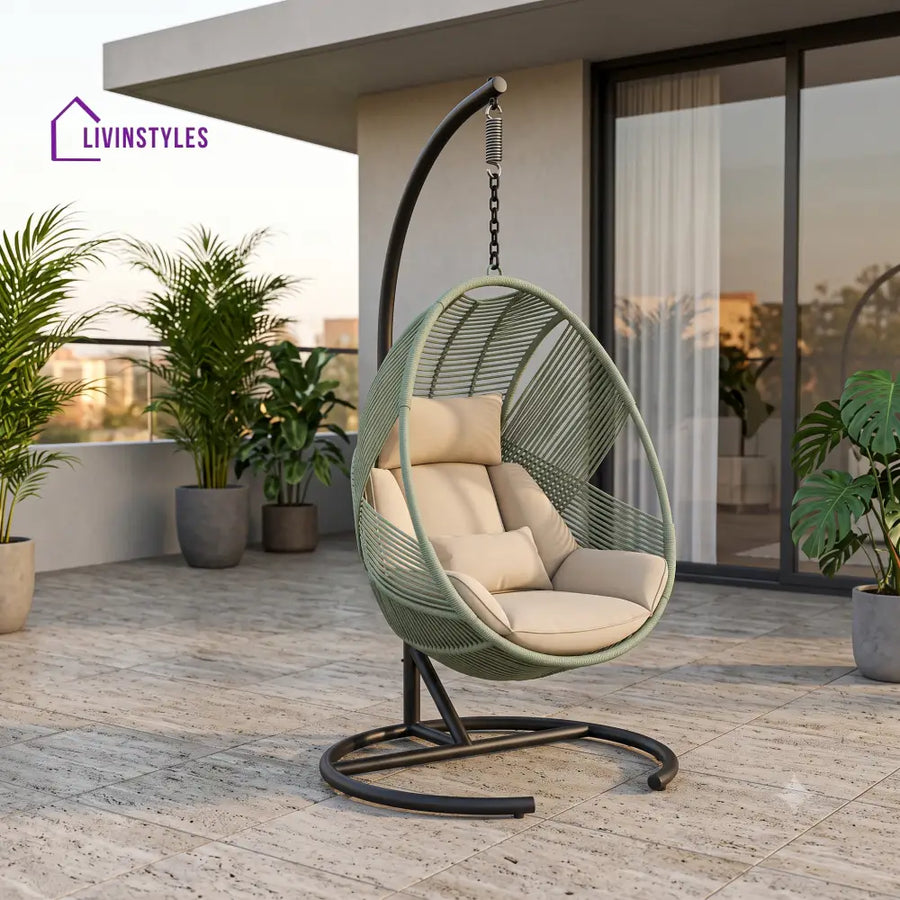 Athenais Metal Frame Swing Chair With Stand and Rope Woven Seat