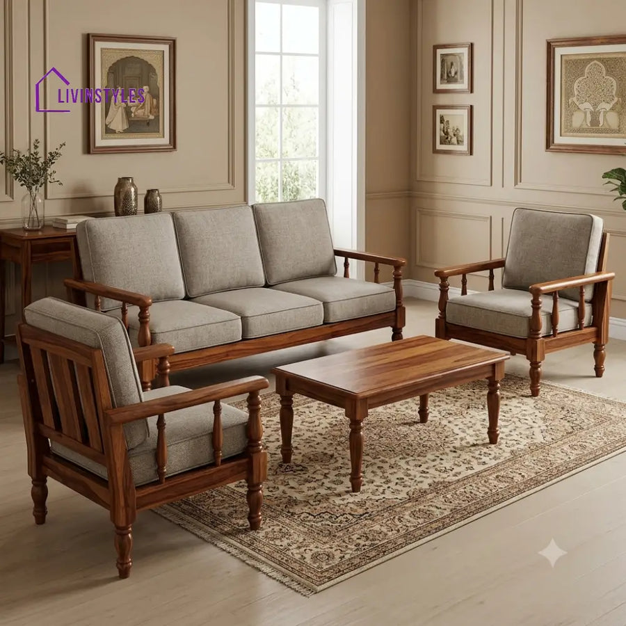Athira Wooden Sofa Set | 3 + 1 + 1 Sheesham Wood Sofa Set for Living Room