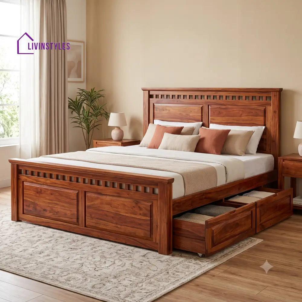 Aurelie Premium Wooden Bed with Drawer Storage | King Size Bed & Queen Size Bed Online