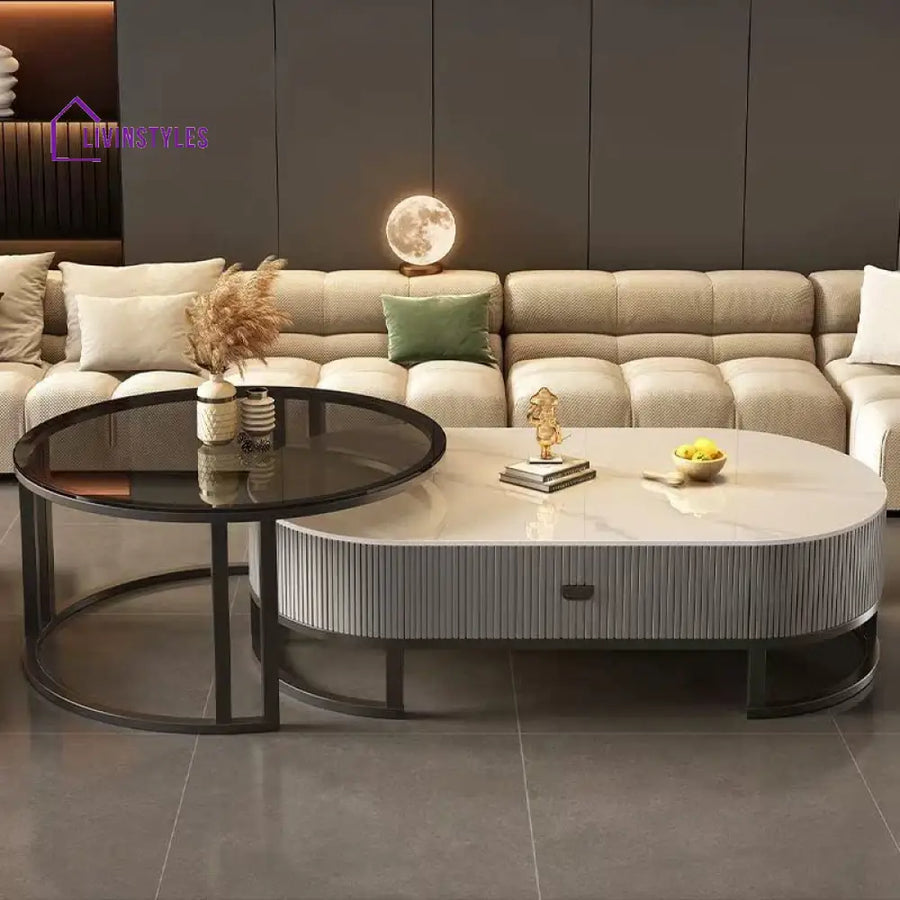 Aurora Living Room Table | Designer Stainless Steel Frame and MDF Work | Ceramic Marble Top