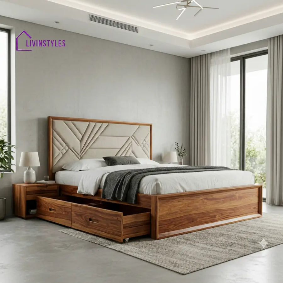 Aurora Premium Sheesham Wood Bed with Fabric Headboard