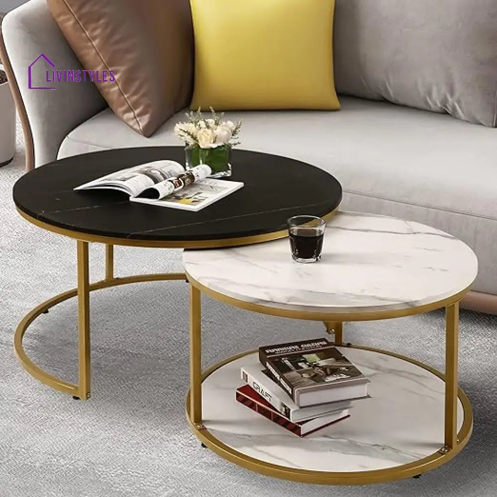 Aurora Round Marble And Metal Coffee Table Set Tables