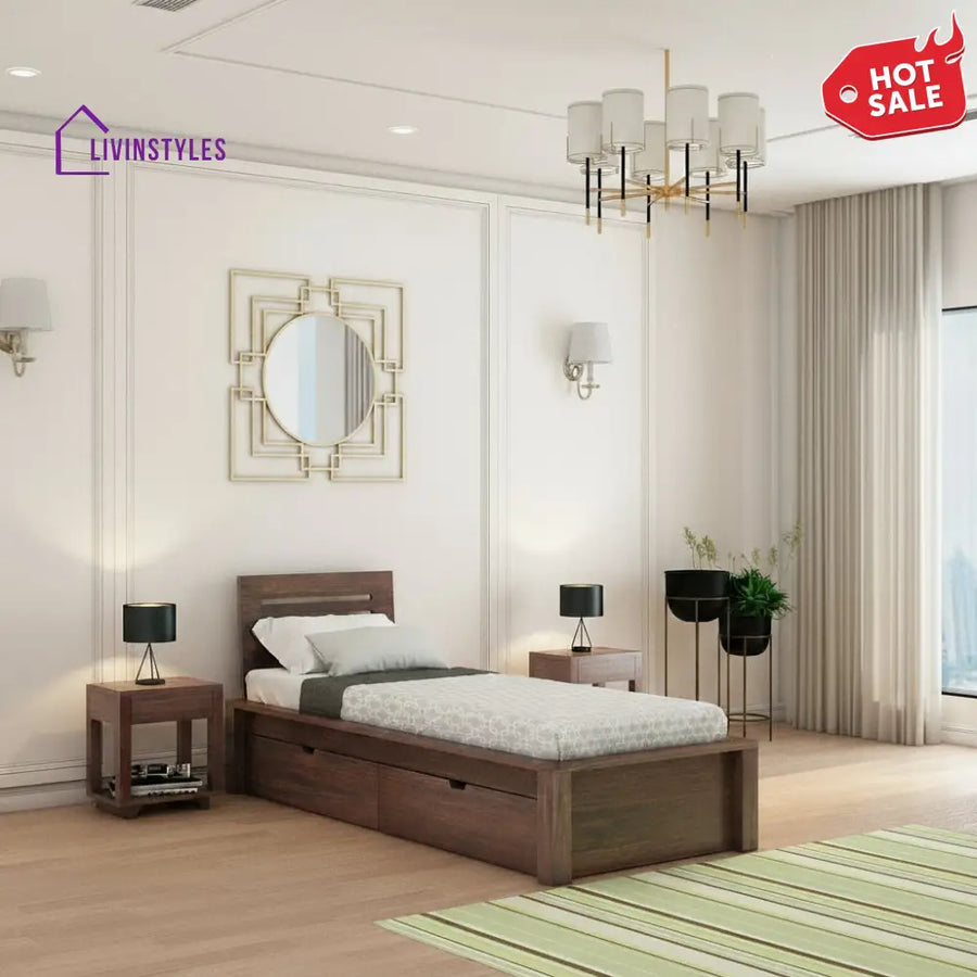 Aurora Solid Sheesham Wood Single Bed With Two Drawers (Walnut Finish) Bed