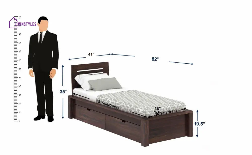 Aurora Solid Sheesham Wood Single Bed With Two Drawers (Walnut Finish) Bed
