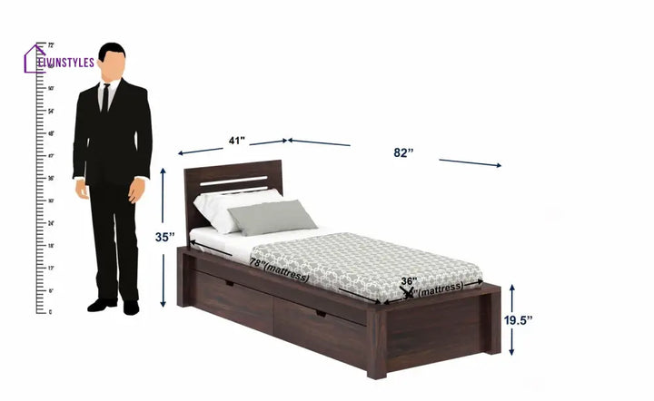 Aurora Solid Sheesham Wood Single Bed With Two Drawers (Walnut Finish) Bed